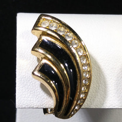 Christian Dior Black Enamel Earrings, Gold Plated, Pave Rhinestones, 1980s Vintage Jewelry