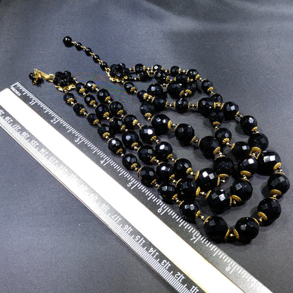 Miriam Haskell Black Beaded Necklace, Three Strands, 1960s Vintage Jewelry