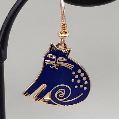 Vintage Laurel Burch "Keshire Cat" Drop Earrings, Blue Enamel, Gold Plate, 1980s Jewelry