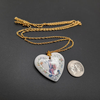 Vintage Avon Porcelain Heart “L” Initial Necklace on 24” Gold Rope Chain