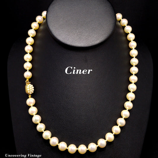 Ciner Hand Knotted Japanese Faux Pearl Necklace, Seed Pearl Clasp, 1960s Vintage Jewelry