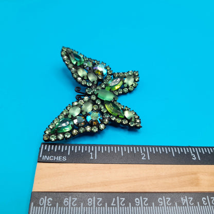 Vintage Weiss Butterfly Brooch, Green Aurora Borealis Rhinestones, Japanned Finish, 1950s Jewelry