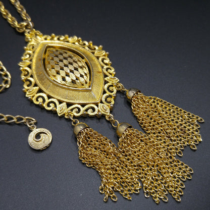 Lisner Long Pendant Necklace, Three Tassel Pendant, 1960s Vintage Jewelry
