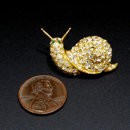 Bijoux Cascio Snail Small Brooch, Pave Clear Rhinestones, Green Eyes, 1970s Vintage Jewelry
