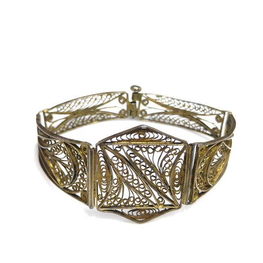 1920s Art Deco Cannetille Filigree Bracelet Gold Vermeil Silver 7 Inch