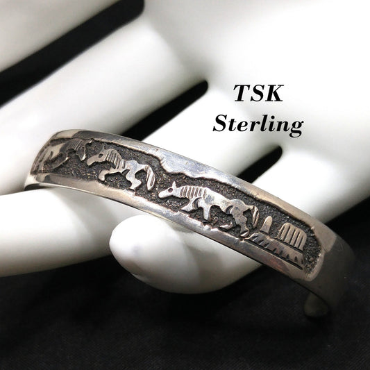 TSK Navajo Sterling Storyteller Child’s Cuff Bracelet – Horses & Daily Life