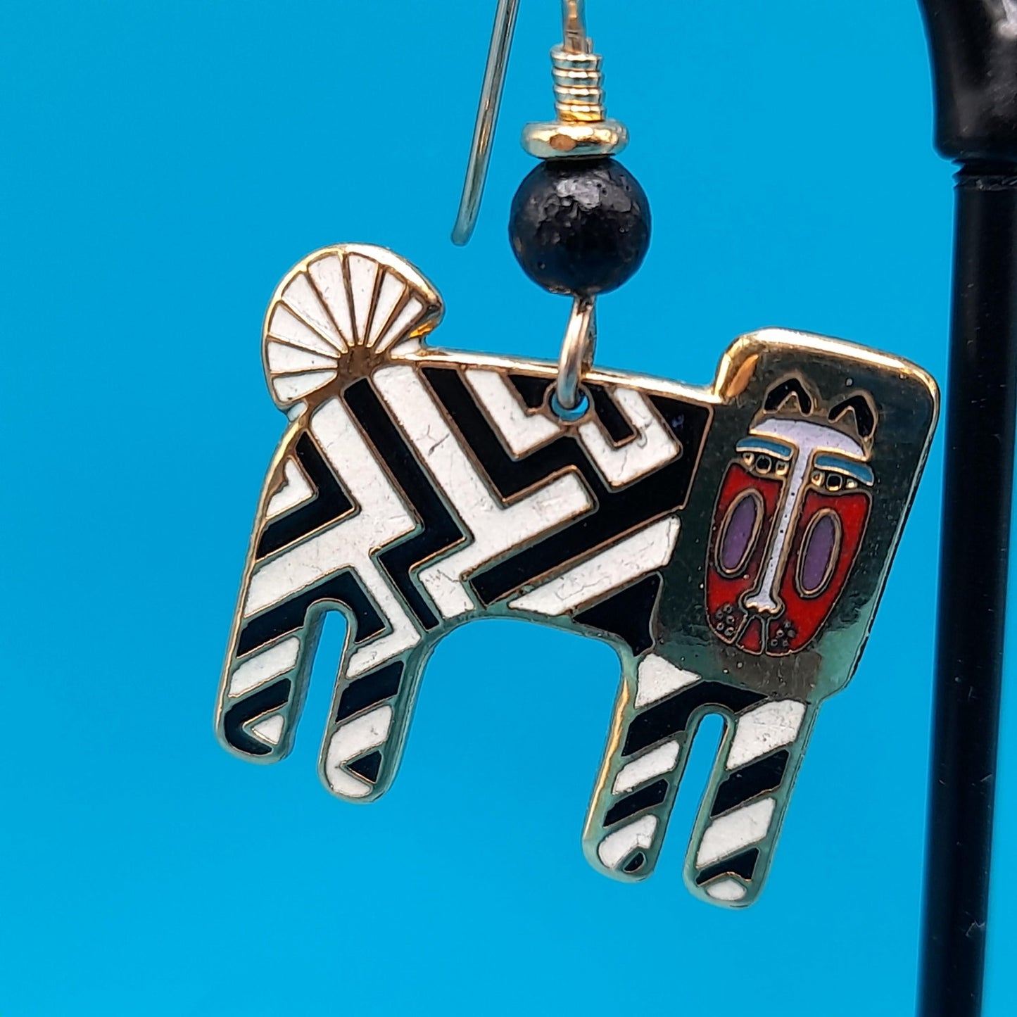 Laurel Burch "Zzzebra" Drop Earrings, Cloisonne Enamel, Gold Plated, 1980s