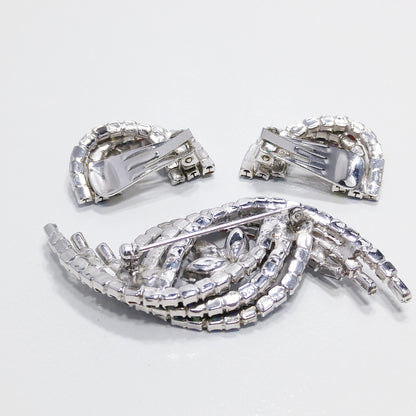 Swirl Aurora Borealis Rhinestone Brooch & Earrings, Rhodium Plated, 1960 Vintage