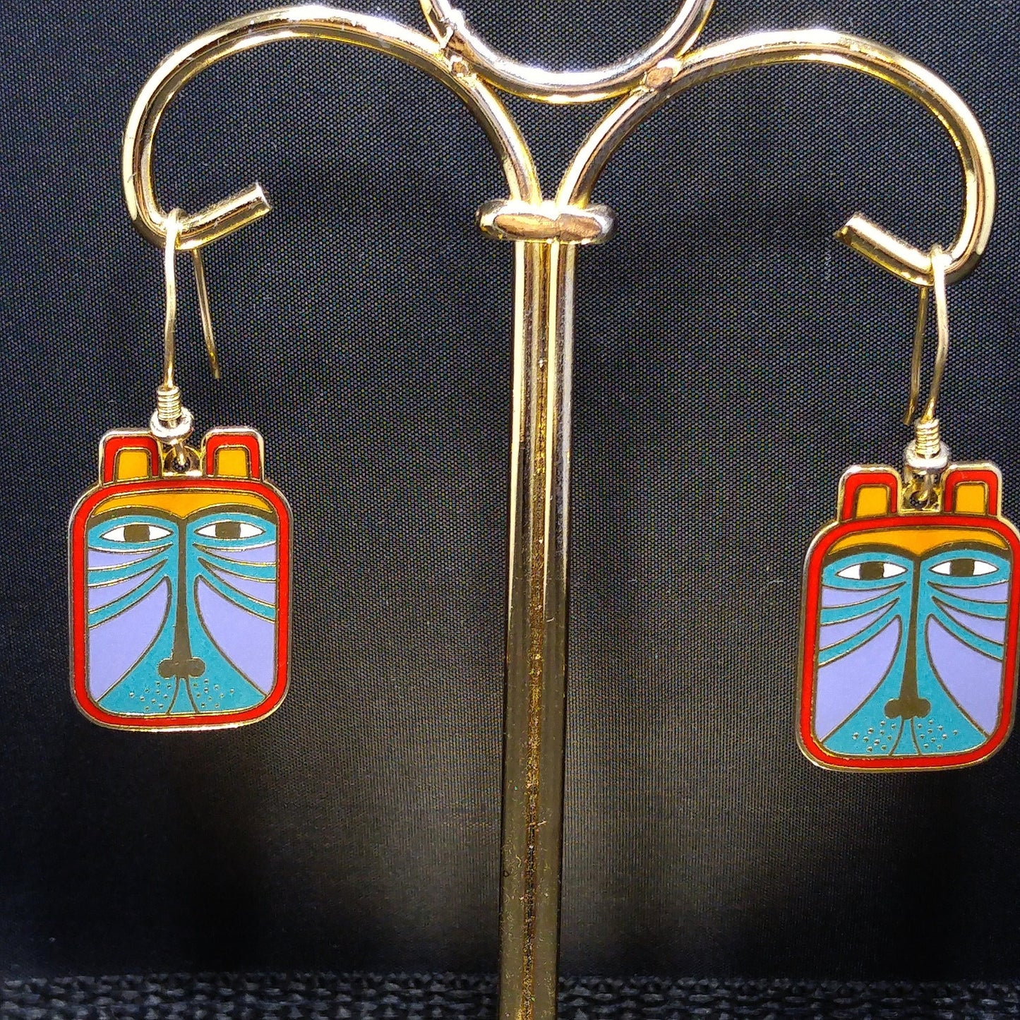 Laurel Burch "Toshio" Drop Earrings, Gold Plated & Enamel Cloisonné, 1980s Vintage Jewelry
