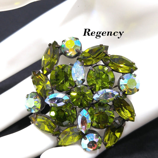 Vintage Regency Green Rhinestone Floral Brooch, Aurora Borealis Prong Set, 1950s Vintage Jewelry