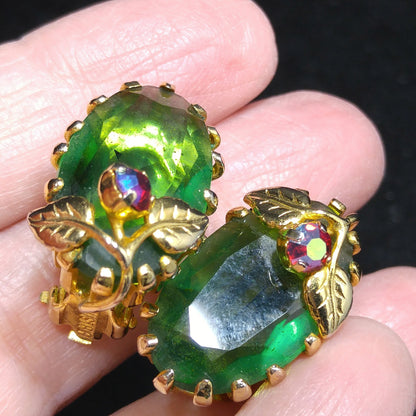 Kramer Austria Green Clip Earrings, Gold Plated, 1950s Vintage Jewelry