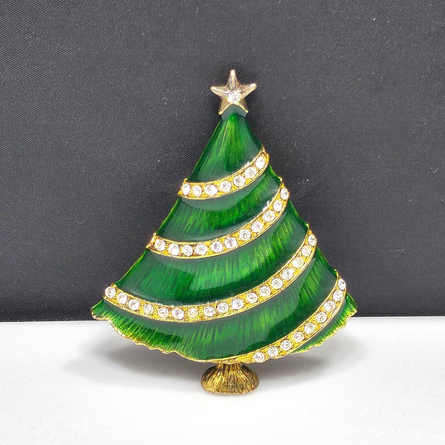 Eisenberg Ice Christmas Tree Brooch, Green Enamel, Gold Plate, 1960s Vintage Jewelry