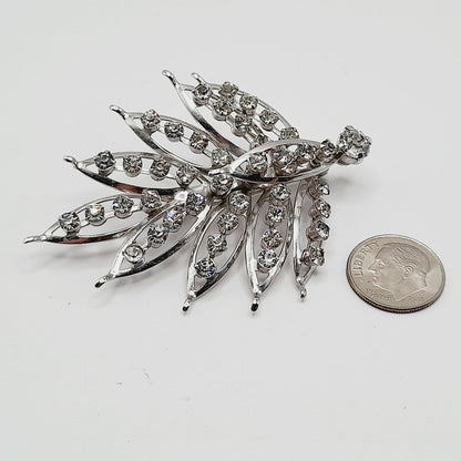 Vintage Clear Rhinestone Leaf Brooch Silver Tone Pin - 2 3/4 Inches Lightweight