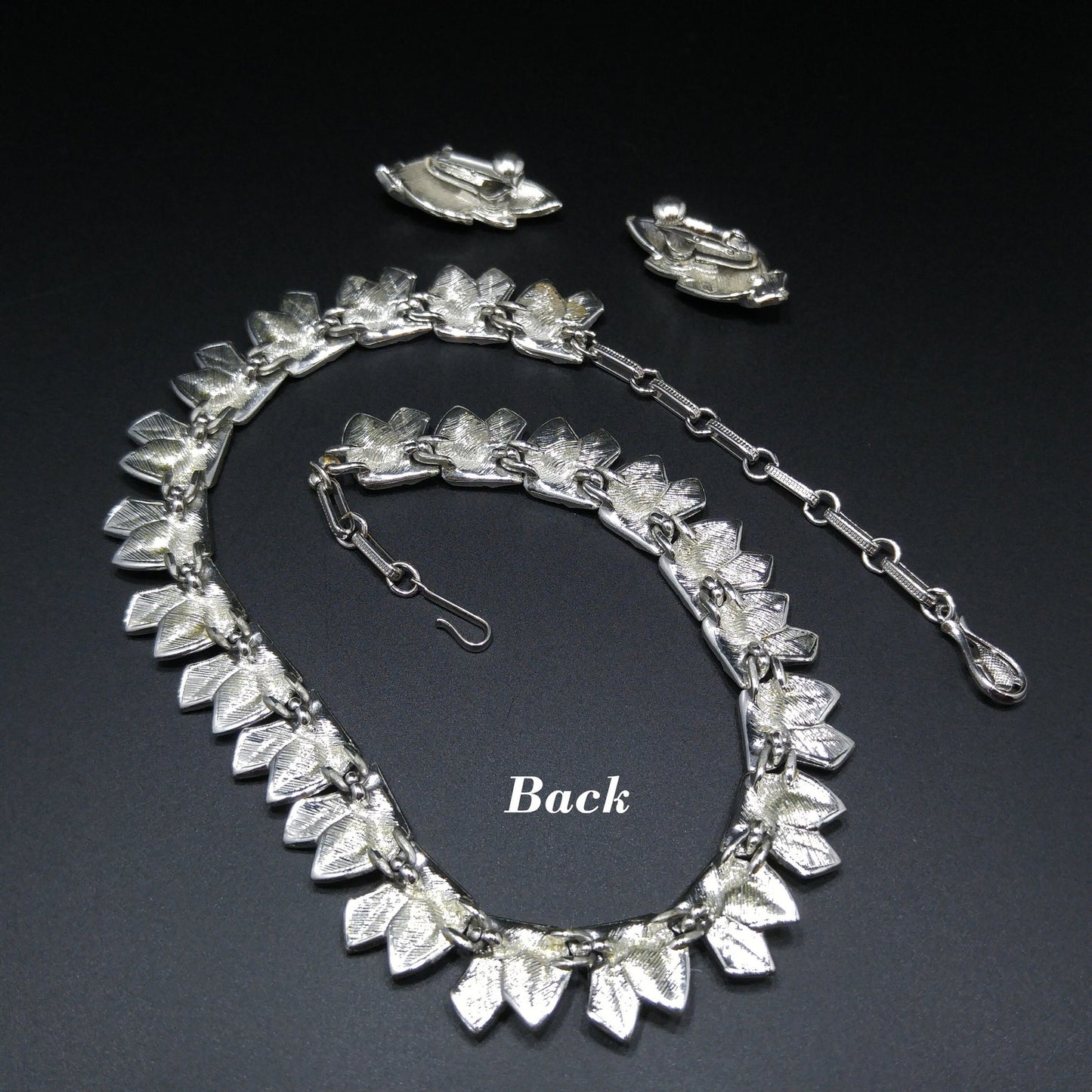 Coro Textured Smooth Leaf Necklace & Earrings, Rhodium Plated, 1950s Vintage Jewelry