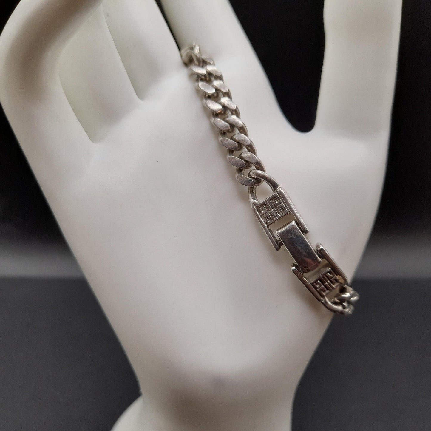 Givenchy Curb Chain Bracelet, Rhodium Plated, 7 3/4 Inches 1980s Vintage Jewelry