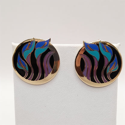 Vintage Laurel Burch "Lilies for Les" Post Earrings - Purple Blue Enamel - Gold Plated - 1 Inch
