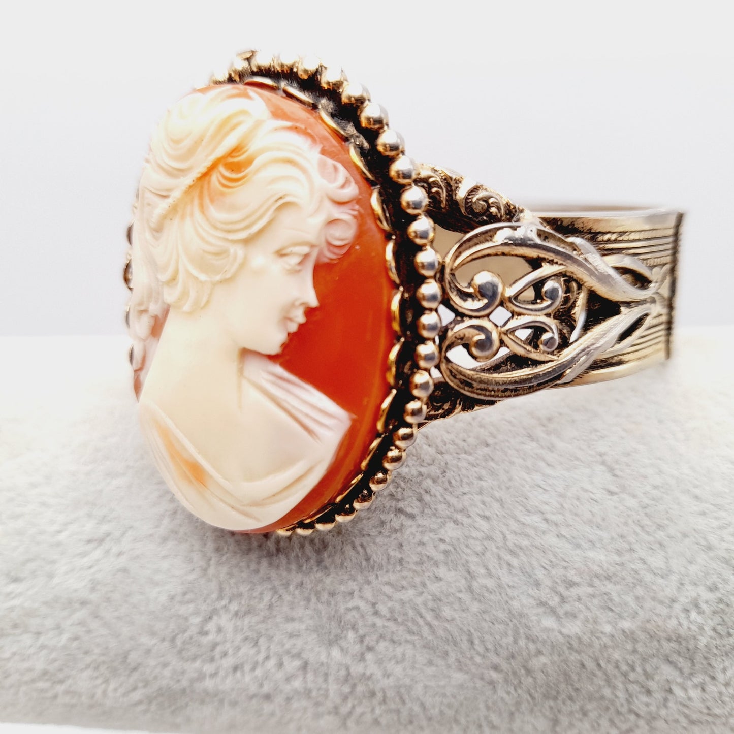 Vintage Lucite Cameo Gold Tone Hinged Bracelet with Safety Chain