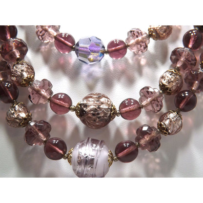 Art Glass Purple Gold Foil Beaded Necklace, Three Strands, 1960s Vintage Jewelry