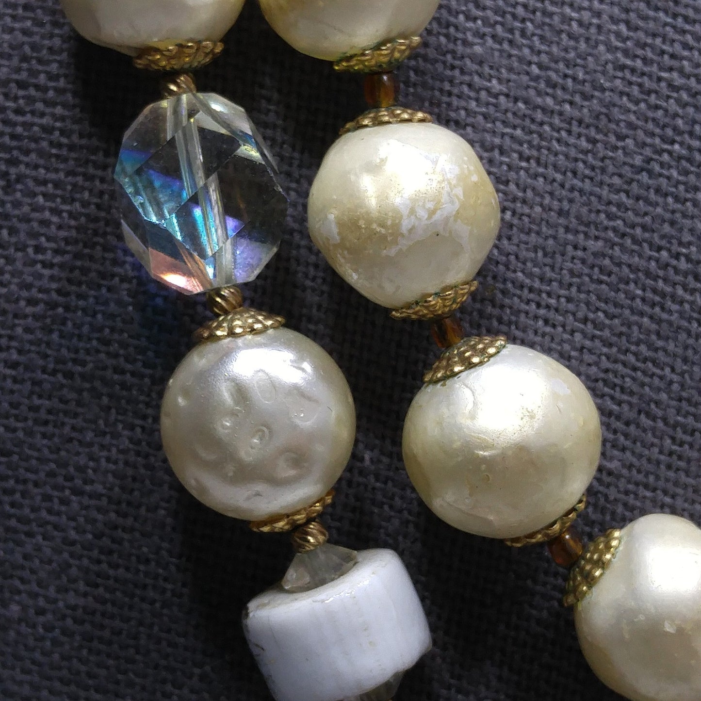 Vintage 1950s Faux Pearl Crystal Necklace Aurora Borealis Double Strand