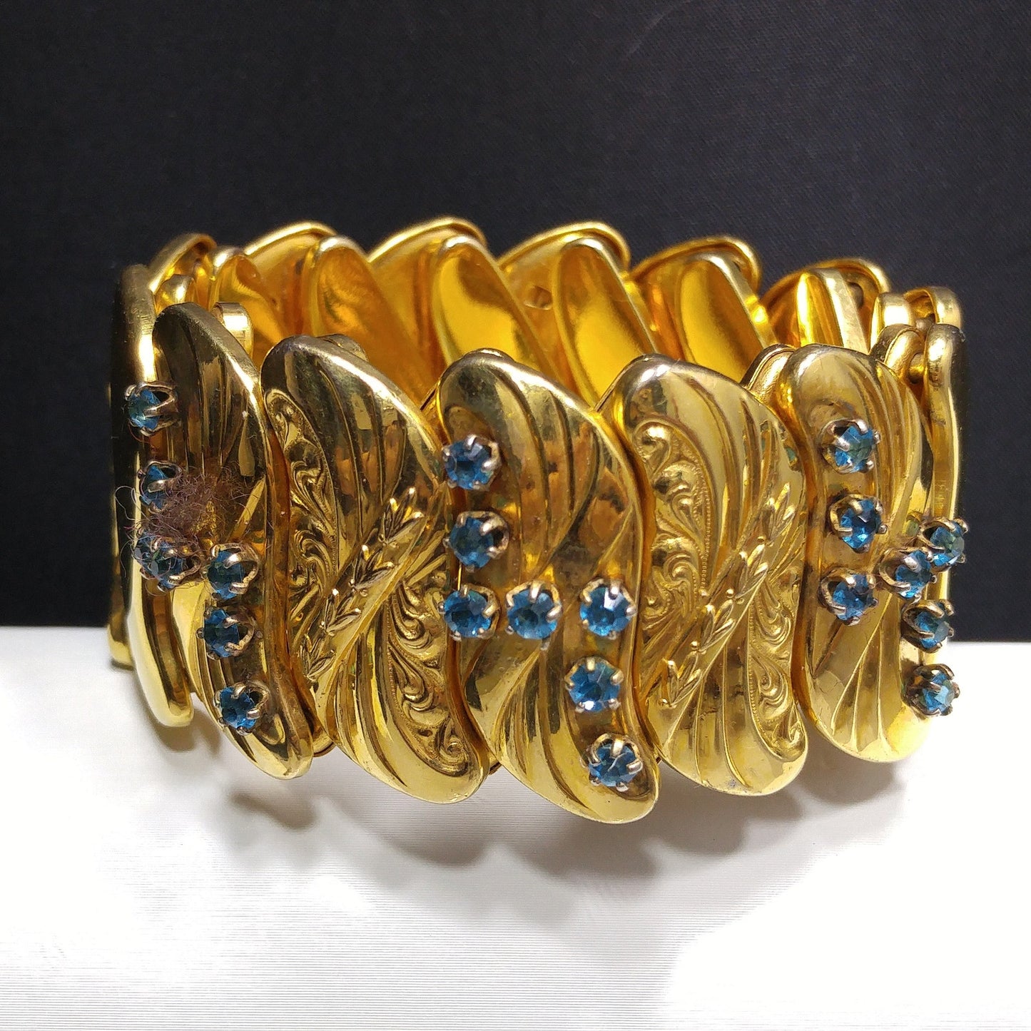 Bugbee & Niles Expansion Bracelet, Turquoise Rhinestones, 1940s Vintage Jewelry