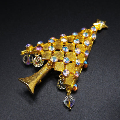 Vintage MYLU Christmas Tree Brooch – AB Rhinestones, Dangling Crystals, 1960s