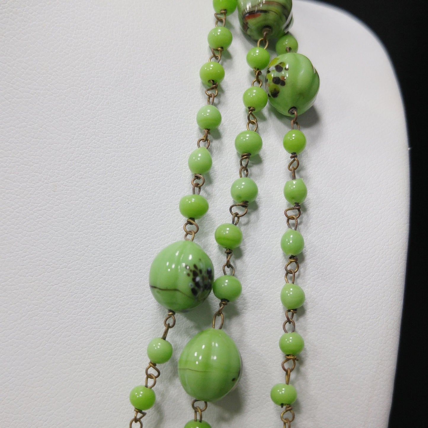 Art Deco 1920s Hand Painted Green Glass Bead Flapper Necklace 70" Wire Wrapped