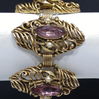 Mid-Century Purple Rhinestone Wide Bracelet Dangle Earrings Set, 1950s Vintage Jewelry
