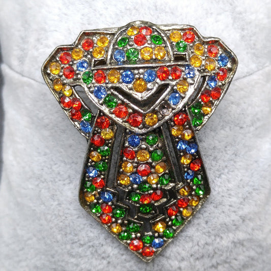 Antique Multicolored Dress Clip, Green Red Yellow Rhinestones, Pot Metal, 1920s Vintage Jewelry
