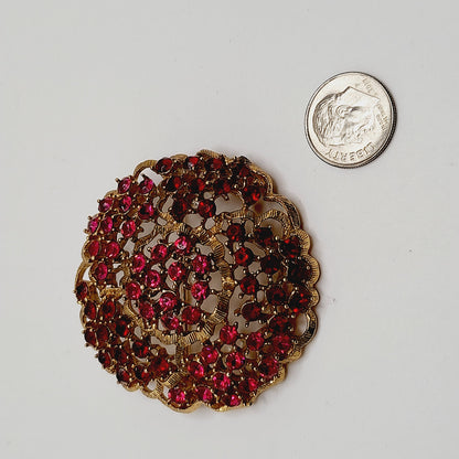 Vintage WEISS Red & Pink Rhinestone Gold Tone Flower Brooch 2 Inch