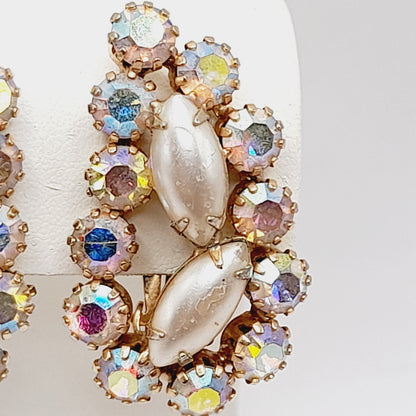 Vintage Aurora Borealis Rhinestone Clip Earrings 1950s Ear Climber Gold Tone
