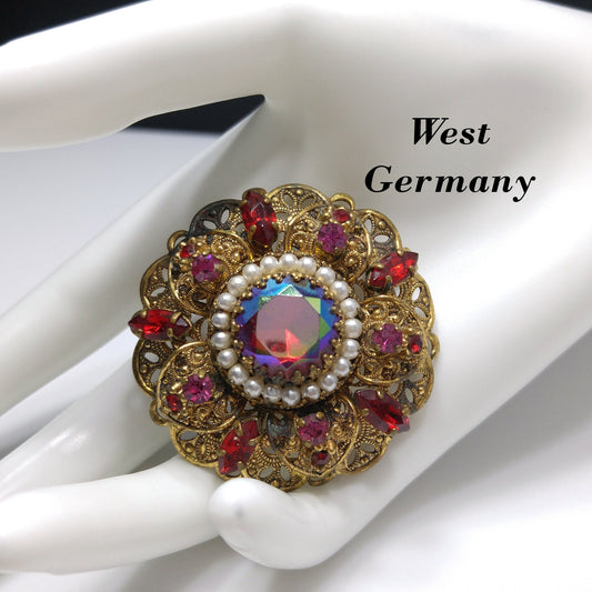 West Germany Red Fire Polished Filigree Brooch, Faux Pearls, 1950s Vintage Jewelry