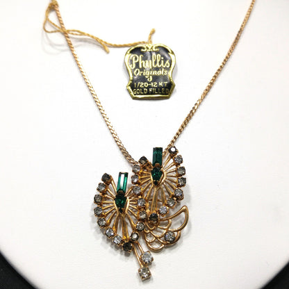Phyllis Originals Green Rhinestone Pendant Brooch Necklace, Gold Filled, Paper Tag, 1950s Vintage Jewelry