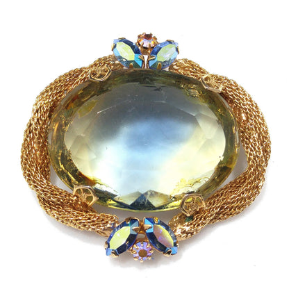 Large Glass Mesh Frame Brooch & Pendant, Gold Plated, 1960s Vintage Jewelry