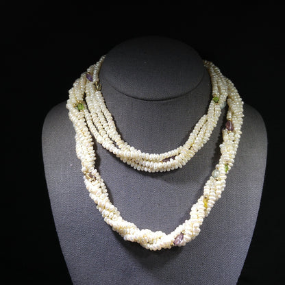 Sand Pearls & Gemstones Long Twisted Necklace, 4 Strands, No Clasp, 1970s Vintage Jewelry