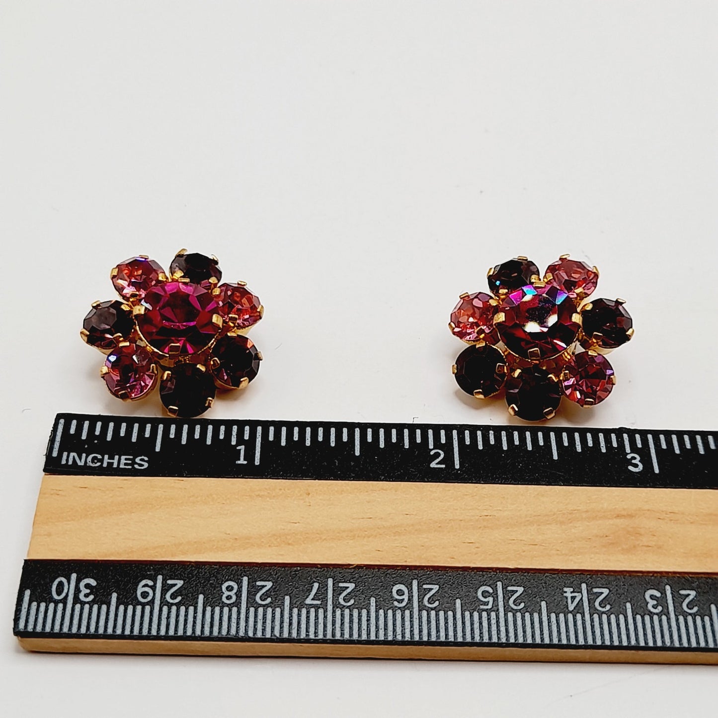 Vintage Made in Austria Pink Rhinestone Earrings Clip On Mid Century Jewelry