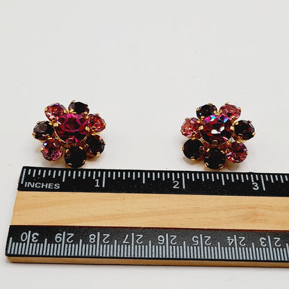 Vintage Made in Austria Pink Rhinestone Earrings Clip On Mid Century Jewelry
