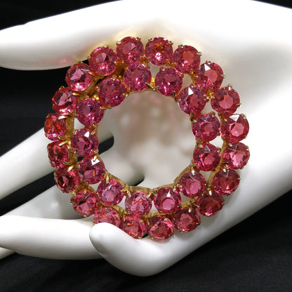 Pink Rhinestone Round Brooch, Gold Plated, Open Back Stones, 1960s Vintage Jewelry