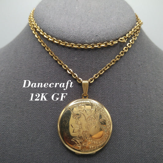 Danecraft Gold Filled Photo Locket Necklace, 12K GF, Early 1950s Vintage Jewelry