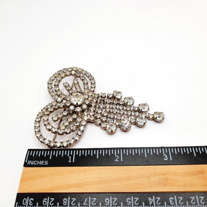 Vintage Clear Rhinestone Bow Brooch, Silver Tone Dangle Design, Midcentury Sparkle, 2 3/4 Inches