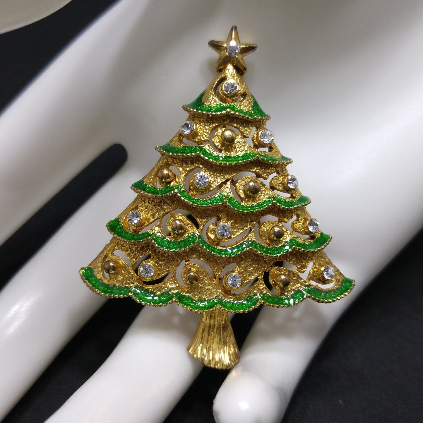 Eisenberg Ice Christmas Tree Brooch, Rhinestones & Enamel, Vintage Jewelry