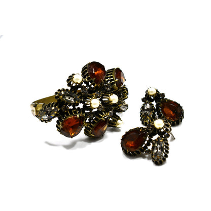 Hobe' Rhinestone Cuff Bracelet & Clip Earrings, Topaz Clear Rhinestone, Faux Pearls, 1950s