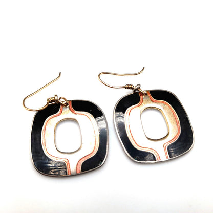Vintage Laurel Burch Black Gold Drop Earrings, Open Center, Pink Metallic Ring