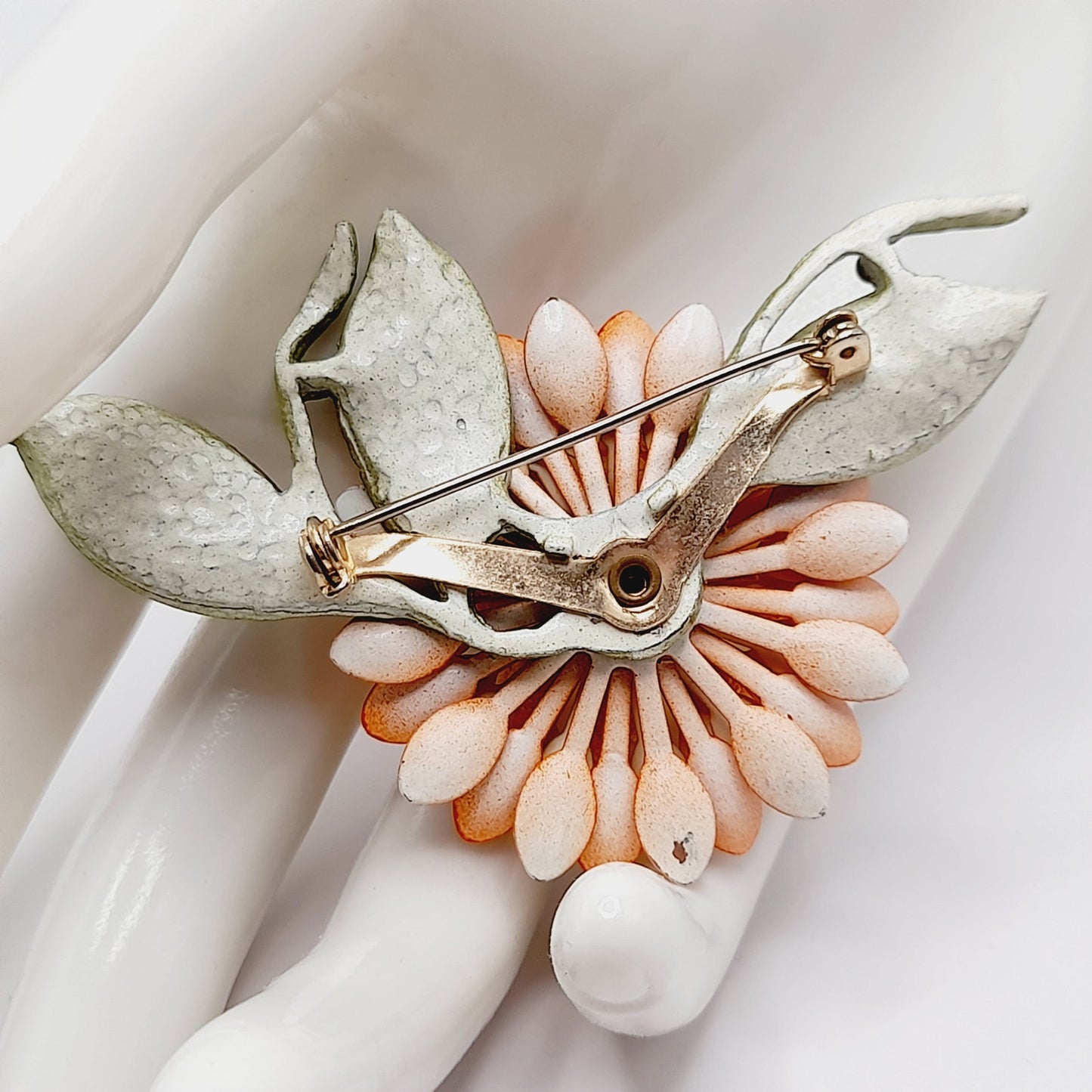 Vintage 1960s Orange Green Enamel Flower Brooch
