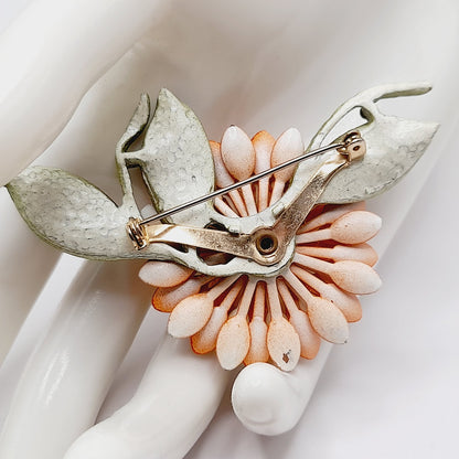 Vintage 1960s Orange Green Enamel Flower Brooch