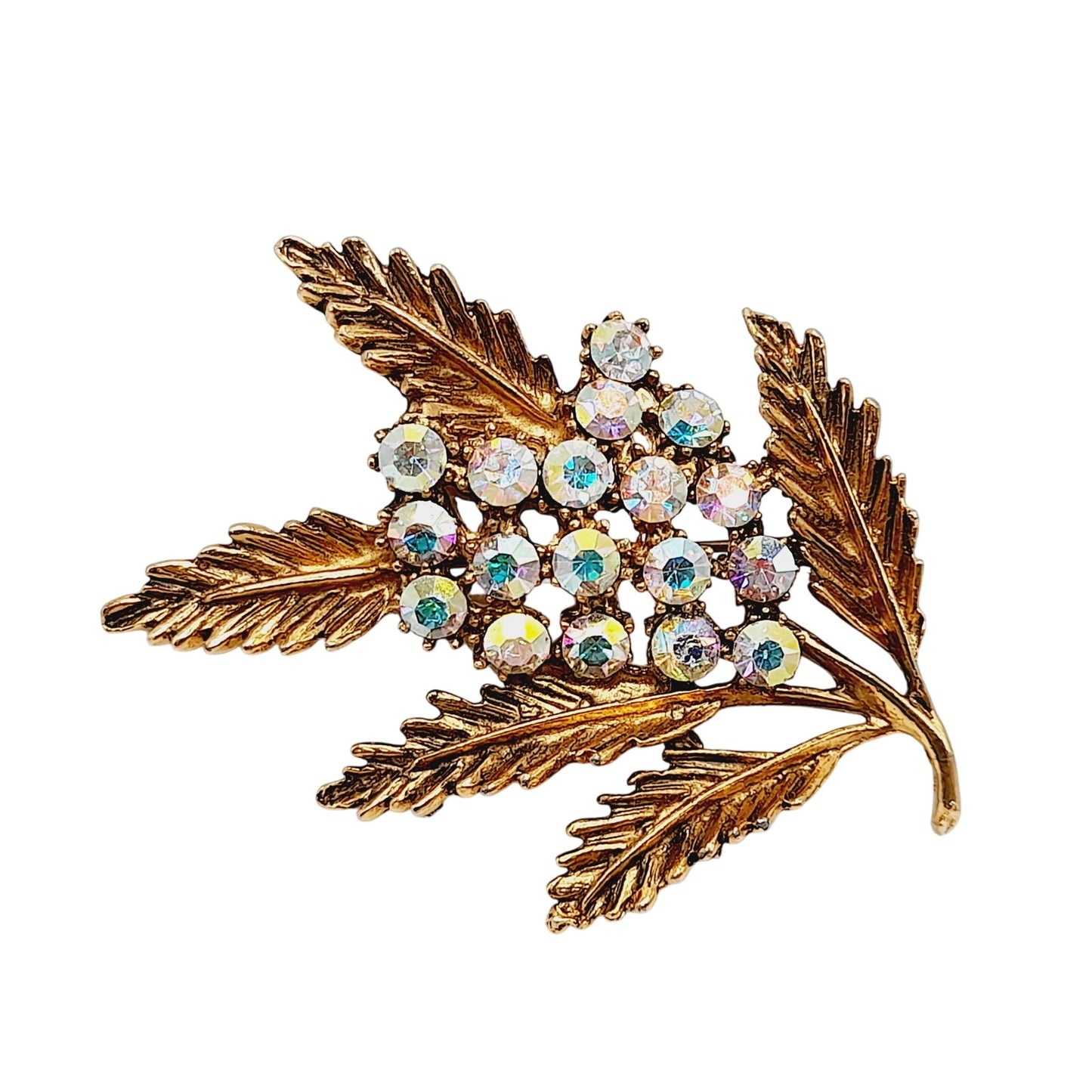 Vintage 1970s Leaf Blooms Aurora Borealis Rhinestone Brooch - 2 1/2 Inches