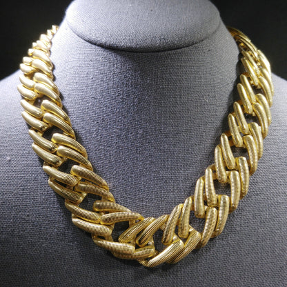 Monet Large Link Wide Necklace, Gold Plated Textured Links, 1960s Vintage Jewelry
