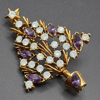 WEISS Opalescent & Purple Rhinestone Christmas Tree Brooch Vintage Holiday Pin