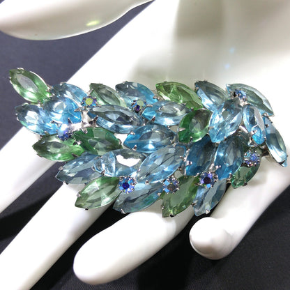 Turquoise & Green Rhinestone Brooch, Rhodium Plated, 1960s Vintage Jewelry