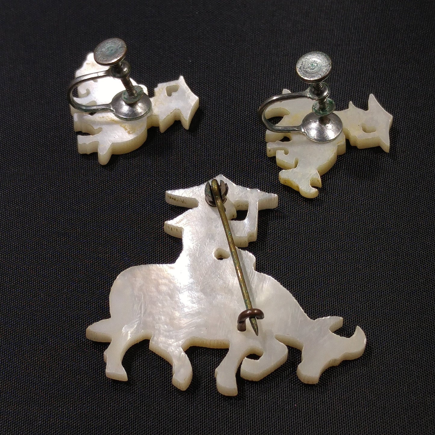 Vintage Carved Mother of Pearl Brooch & Earrings, Asian Design, 1940s