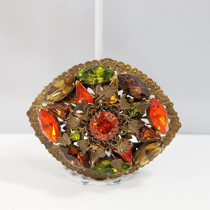 Vintage Filigree Rhinestone Brooch & Earrings, Orange Green Topaz Crystals, Floral Brass Tones, 1950s Vintage Jewelry